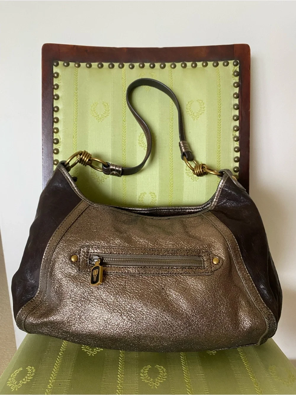 Isabella Fiore VTG Beaded Leather Hobo Shoulder Bag Brown Boho Metallic Art Deco